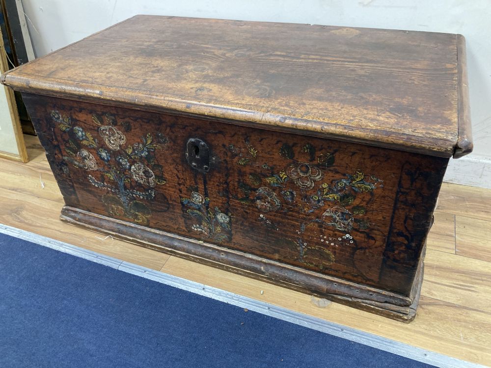 A 19th century Swiss or Austrian painted pine coffer, width 99cm, depth 55cm, height 45cm